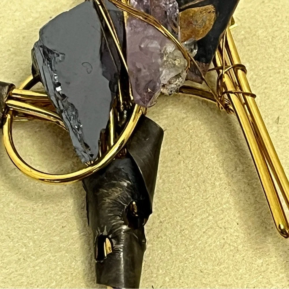 Vintage Takashi Honda Gold Tone and Black Leather Geometric Brooch